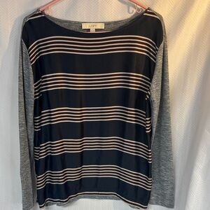 Ann Taylor Loft Women's Dark Blue with Burgundy/Tan Striped L/S Top Medium